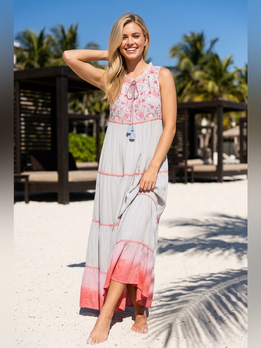 Taj By Sabrina Crippa Embroidered Beads Tiered Maxi Dress Size M Silver/Pink Tas